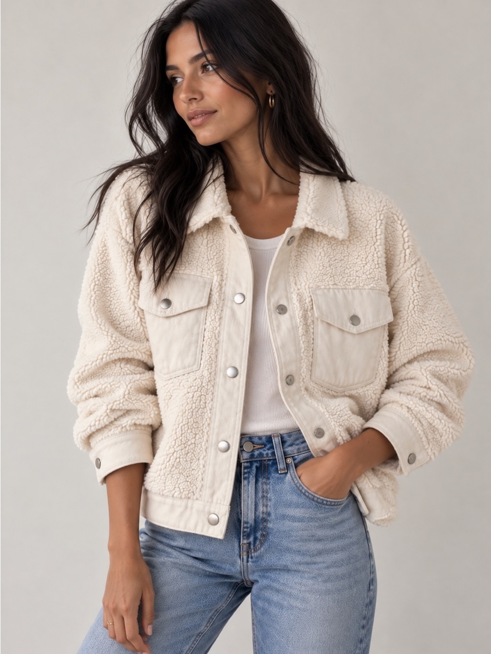 Zara Cozy Cream Sherpa Cropped Jacket Coat Silver Buttons Size Small
